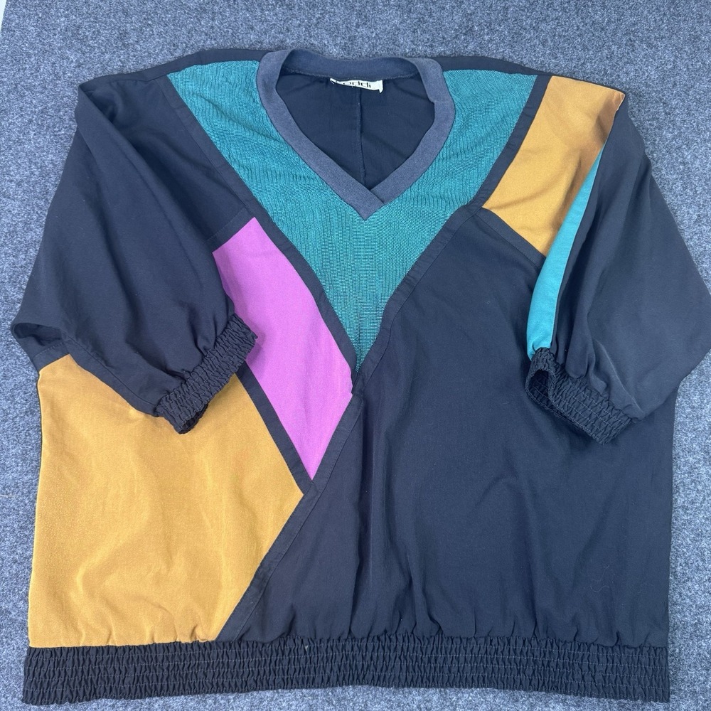 Vintage Teddii Colorblock Pullover Top Black Teal Purple Mustard 80s 90s